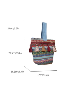 Specifiche dimensionali della borsa etnica ricamata con dettagli di frange colorate