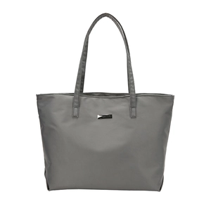 Minimalist grey large capacity tote bag for commuting with silver metal logo plaque