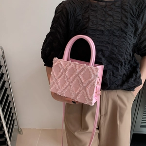 Women Diamond Pattern Small Square Bag PU Leather Frayed Design Shoulder Crossbody Bag With Top Handle Fashion Handbag