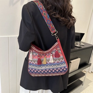 Bohemian Ethnic Embroidered Shoulder Bag With Tassels Geometric Pattern Wide Strap Women Retro Underarm Crossbody Bag