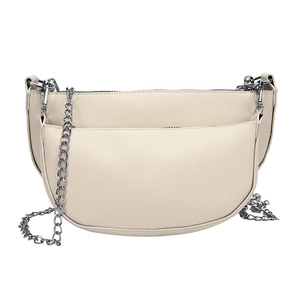 Cream white leather crescent saddle bag with double zipper and silver chain strap