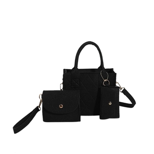 3-piece black felt quilted tote set with crossbody bag and pouch on white background