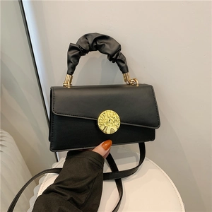 Women Ruched Handle Small Square Bag Minimalist PU Leather Handbag Gold Round Buckle Crossbody Shoulder Bag Daily Office