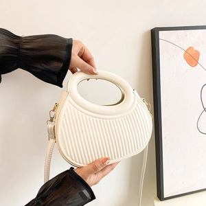 Off-white PU leather round handbag with vertical pleats and detachable shoulder strap