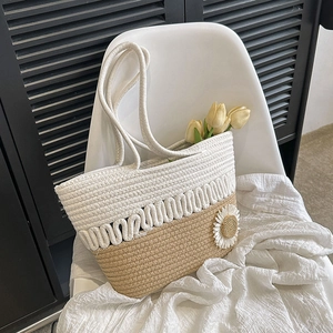 Japanese style woven cotton shoulder bag with daisy detail and two-tone beige design
