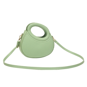 Light green half-moon PU leather bag with pleated texture and circular top handle