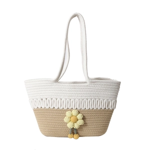 Minimalist summer floral woven tote bag in white and brown with long handles