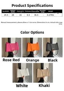 Tableau des dimensions détaillées montrant les mesures du sac baguette en cuir PU coloré