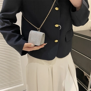 Mini grey suede crossbody bag with sparkling rhinestones and gold chain strap