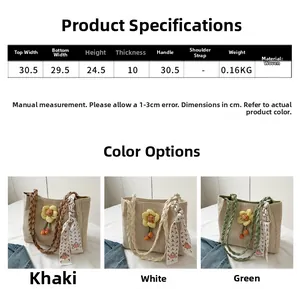 Detailed view of woven straw tote with floral charm and printed scarf handle details