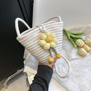 Fashionable woven bucket bag with sunflower decor and pearl for 2023 summer vacations