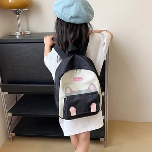 Cute black and white kitten ear kids backpack with pink accents and adjustable straps