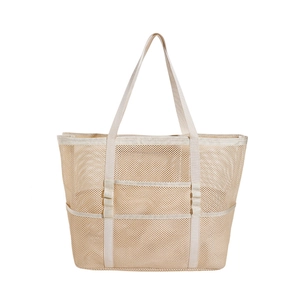 Large mesh beach tote bag in beige with breathable compartments and durable handles