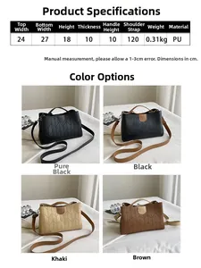 Detailed size chart and dimensions for the V-quilted faux leather handbag in four colors