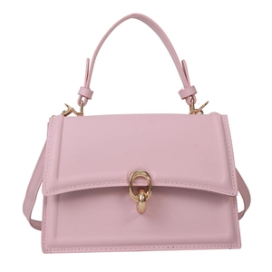 Elegant light pink crossbody square bag with top handle and golden ring buckle detail