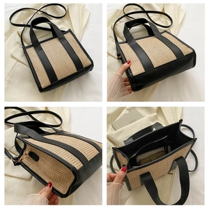 Dettagli della borsa tote in paglia intrecciata con finiture in pelle e tracolla rimovibile