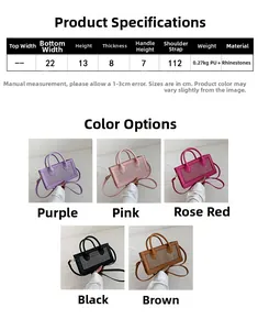 Detailed size chart and five color options for the rhinestone PU leather crossbody bag