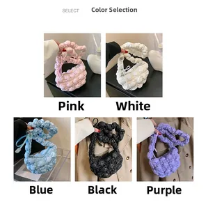Detailed grid showing quilted bubble tote bags in pink, white, blue, black and purple