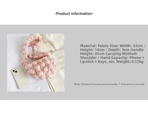 Pink bubble quilted cloud bag details with dimensions 23x14x9cm and soft fabric texture