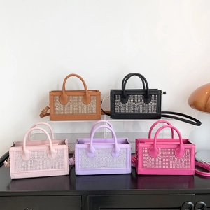 Women Rhinestone PU Leather Handbag Fashion Small Square Crossbody Bag With Detachable Strap Sparkly Evening Tote Bag For Party