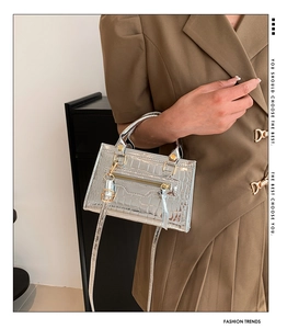 Detail of silver crocodile pattern handbag featuring metal buckles and textured gloss finish