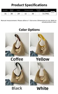 Detailed size chart and multi-color options for the woven straw tote bag with floral charm