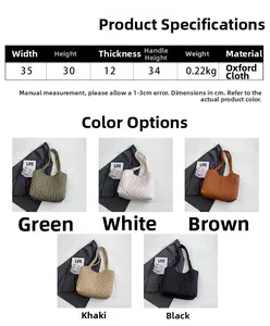 Quilted tote bag specifications in five colors including green, white, and black with sizes