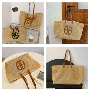Detail view of large straw tote bag with woven texture and leather logo patch in four angles