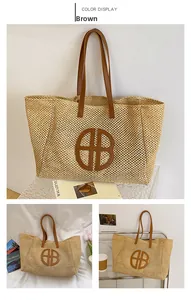 Detailed views of brown woven tote bag featuring leather handles and stitched logo