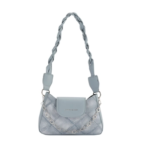 Light blue quilted shoulder bag with woven strap and decorative silver flower chain