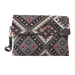 Ethnic style geometric woven clutch bag with colorful diamond patterns and gold floral clasp