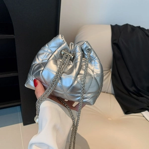 Silver quilted bucket bag with chain drawstring strap and pearl detail for women