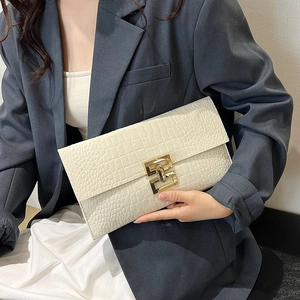 Minimalist white crocodile pattern envelope clutch bag with gold geometric metal clasp