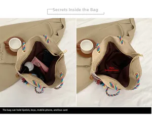 Spacious tote bag detail showing large main pocket with zipper and woven tassels