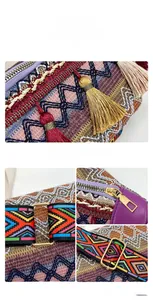 Détails de broderies colorées et pompons sur un sac bandoulière avec finitions dorées