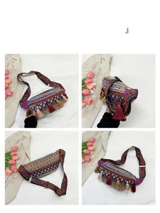 Vue détaillée multi-angles d'un sac banane bohème avec glands colorés et bandoulière jacquard