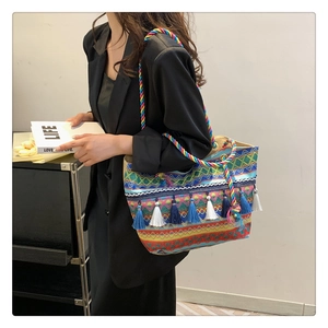 Detailed shot of multi-color woven tote bag with fringe tassels and cord handle