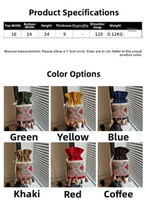 Size chart showing canvas ethnic bucket bag dimensions with embroidery and tassel details