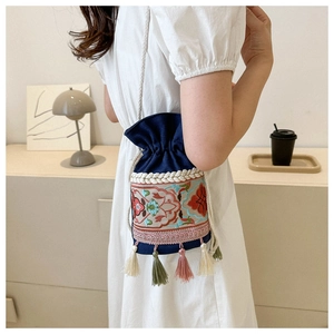 Ethnic Floral Embroidery Canvas Bucket Bag With Tassel Drawstring Shoulder Crossbody Purse For Women