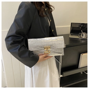 Detail of silver crocodile pattern clutch bag featuring dual golden metallic buckles