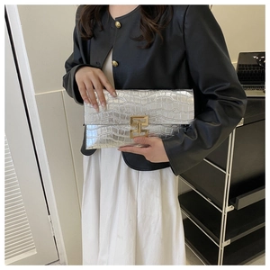 Detail of silver crocodile pattern envelope bag with golden metallic clasp lock