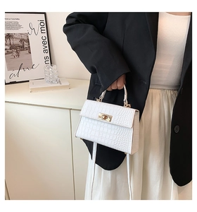 Close-up of white crocodile texture handbag with gold rotating lock and top handle