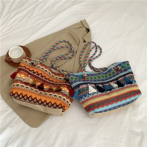 Ethnic bohemian woven tote bags with colorful tassels and stylish braided handles