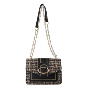Chic tweed plaid crossbody bag with gold chain strap and metallic oval clasp closure