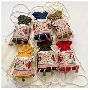 Ethnic style embroidered bucket bags in six colors with tassels and floral patterns