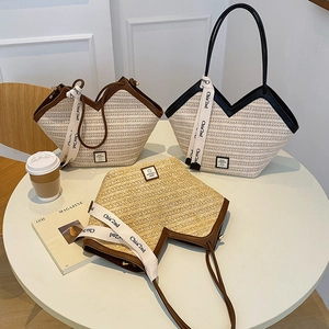 Large capacity woven straw tote bag with silk scarf ribbon and sport fashion patch detail
