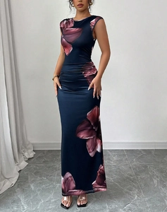 Detail of slim sleeveless long dress with large dark purple floral print on navy fabric