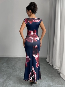 Slim fit navy blue maxi dress with vibrant fuchsia floral print and cap sleeves