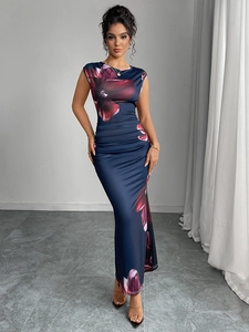 Elegant sleeveless dark blue floral maxi dress with ruched detail and mock neck style