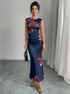 Elegant slim fit sleeveless floral print long dress in deep blue for women's evening party